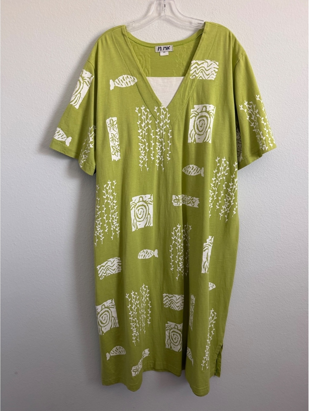 M. Mac Short Sleeve V-Neck 100% Cotton Tropical Vacay Midi T-Shirt Dress Size 2X